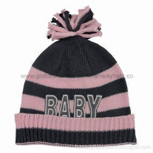 Babies' Knitted Hat with Contrast Color Stripe Pattern and Embroidery